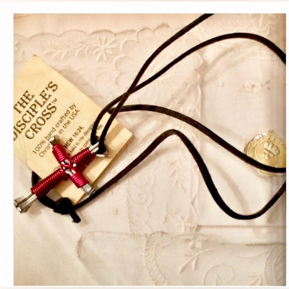 Disciples Cross Silver Nail Red Wire Black Suede Leather Cord Adjustable NEW NWT